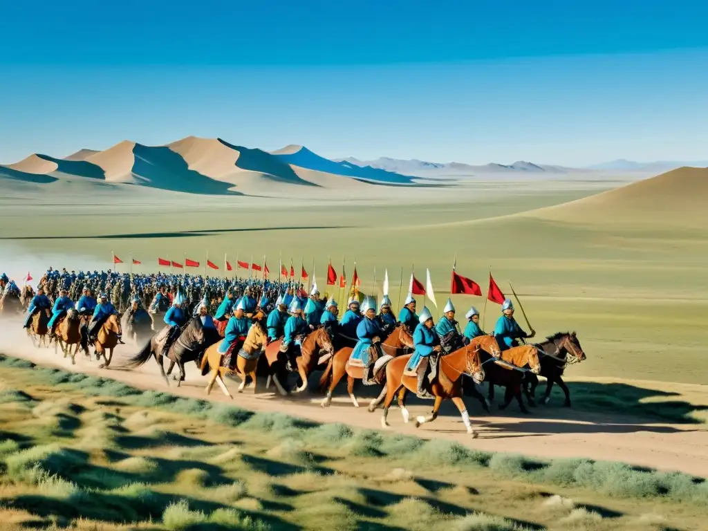 Vista panorámica de la estepa mongola con soldados a caballo y caravanas de suministros