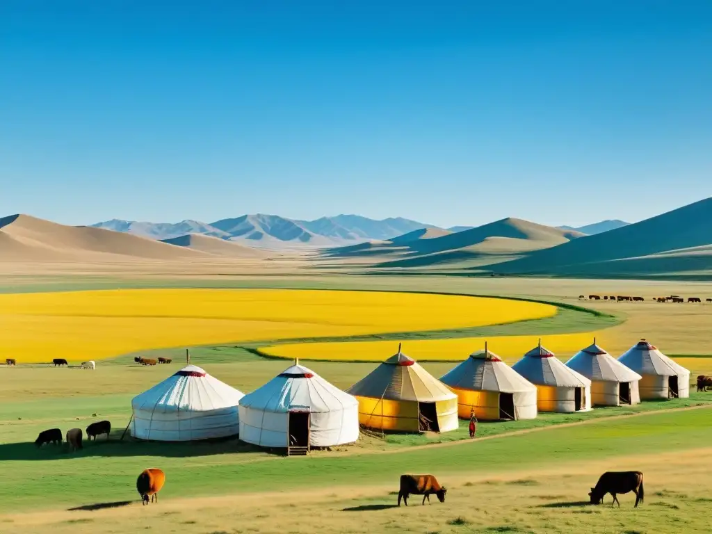 Vista panorámica de técnicas agrícolas mongolas que revolucionaron la producción, con yurtas y granjas en paisaje dorado y cielo azul