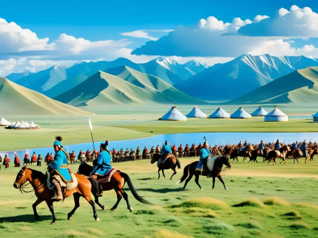 Vista panorámica de la expansión territorial del Imperio Mongol: guerreros a caballo, montañas, estepas y rutas comerciales