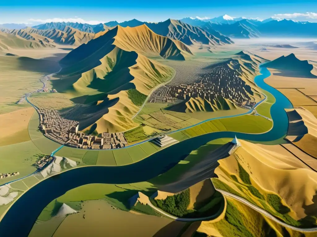 Vista panorámica de la expansión territorial del Imperio Mongol, mostrando sus paisajes, rutas comerciales y diversidad cultural