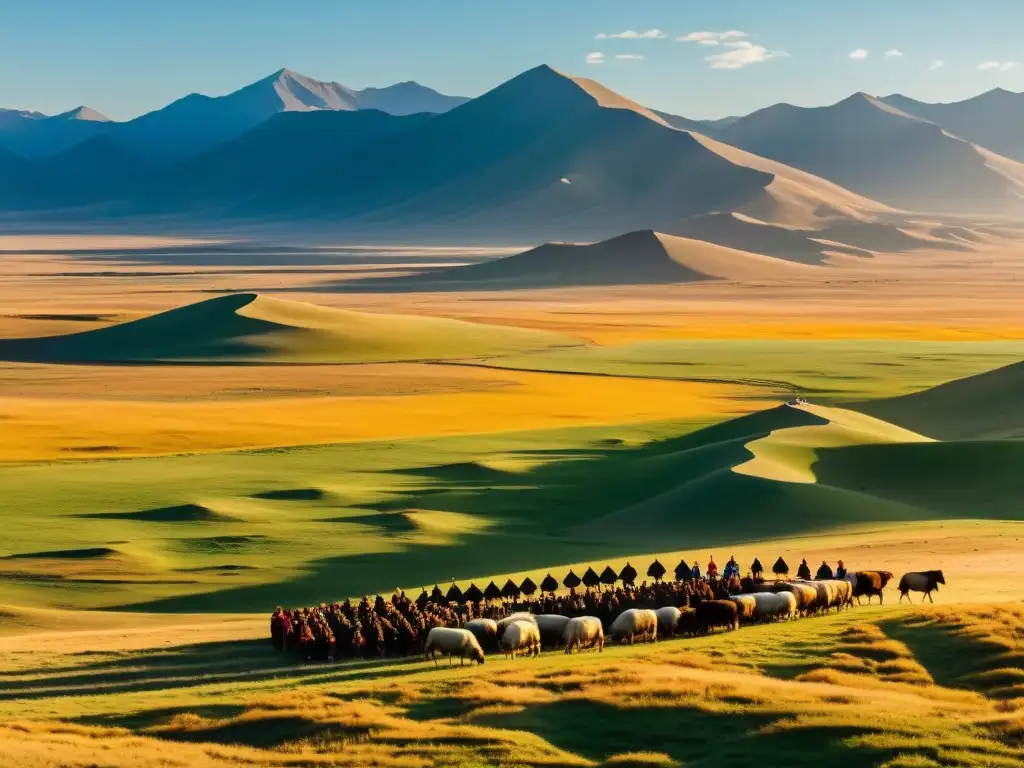 Vista panorámica de la estepa mongol con yurtas tradicionales y la arquitectura en el Imperio Mongol, inmersa en su rica cultura y belleza natural