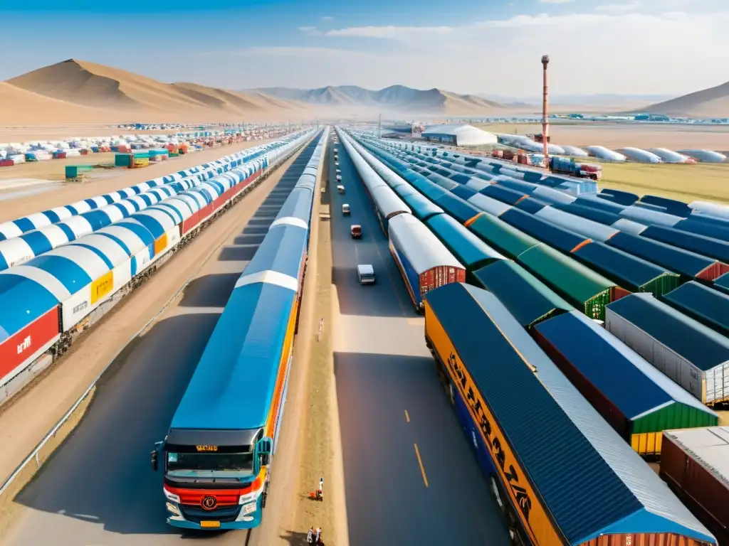 Vista panorámica del transporte y logística del Imperio Mongol, mezcla de yurtas tradicionales y modernos trenes de alta velocidad