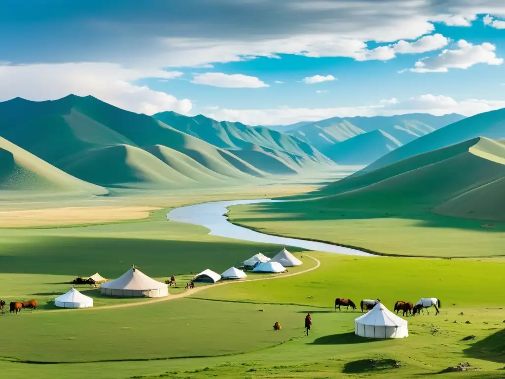 Vista panorámica del Valle de Orkhon en Mongolia, con el río serpenteando entre un paisaje exuberante