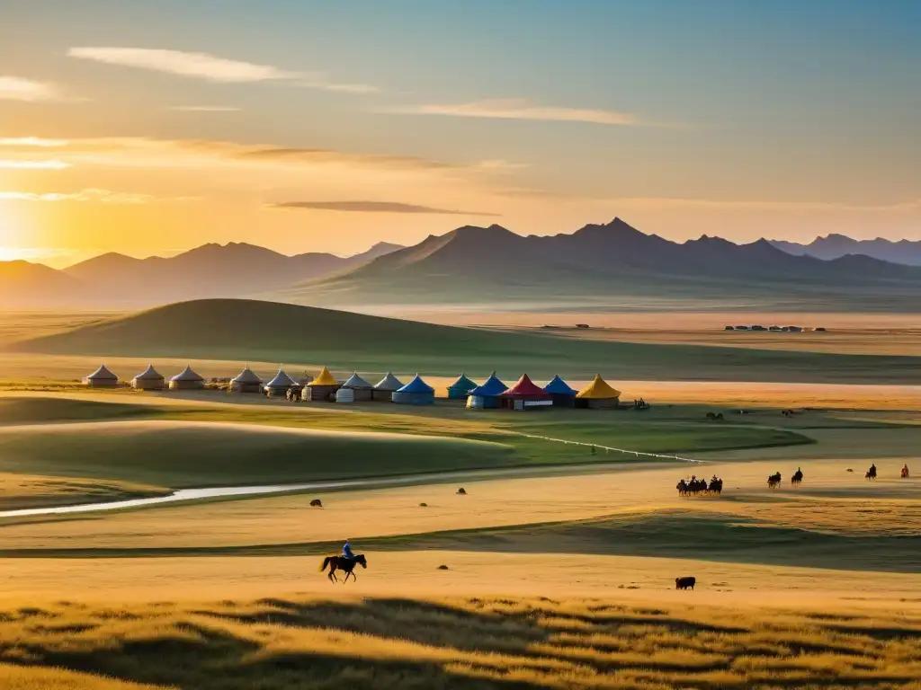 Vista panorámica de la vasta estepa mongola con antiguas estaciones de yam, dando sensación de historia y tradición del papel de los Yams mongolas