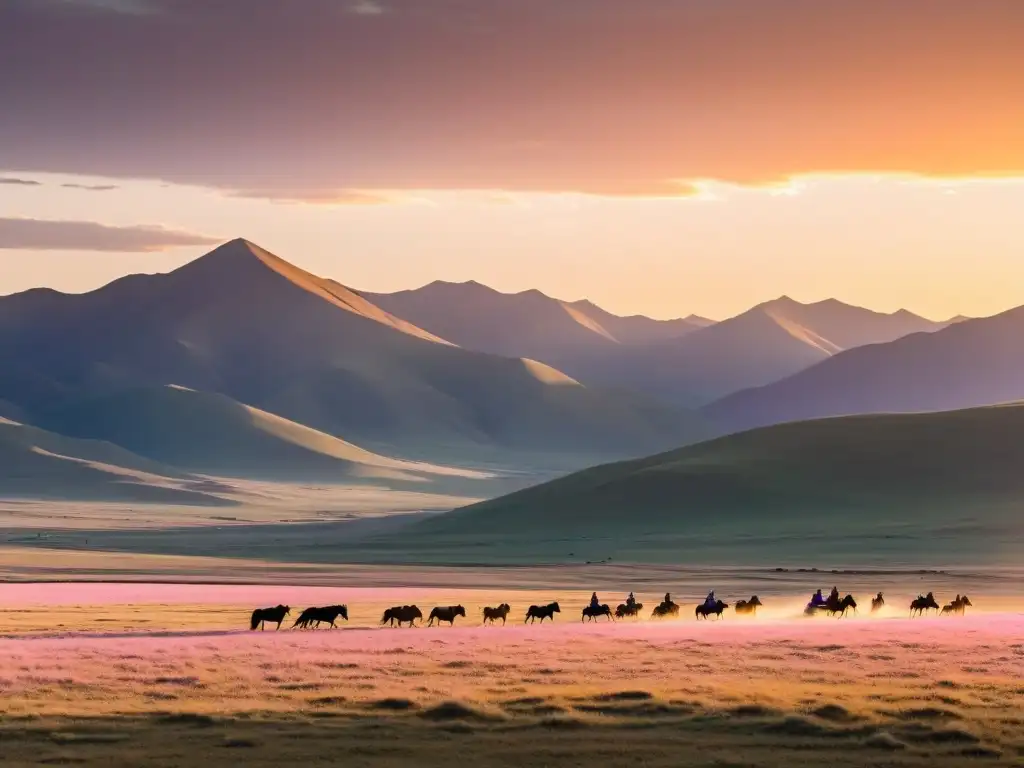 Vista panorámica de la vasta estepa mongola al atardecer, con una cálida y etérea luz dorada sobre el paisaje