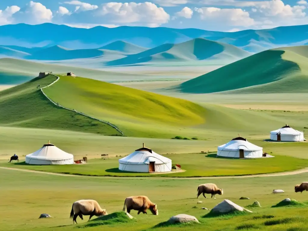 Una vista panorámica de la vasta estepa mongola con colinas verdes y flores silvestres, yurtas nómadas en la distancia