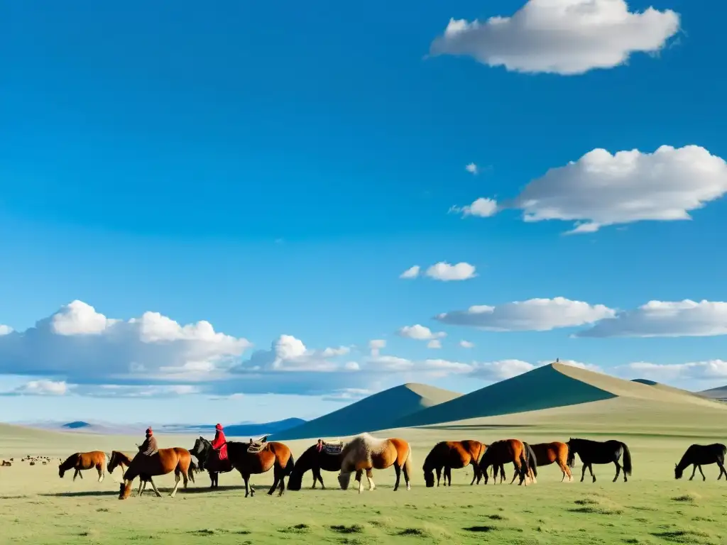 Vista panorámica de la vasta estepa mongola, con colinas onduladas, tradicionales gers y rebaños