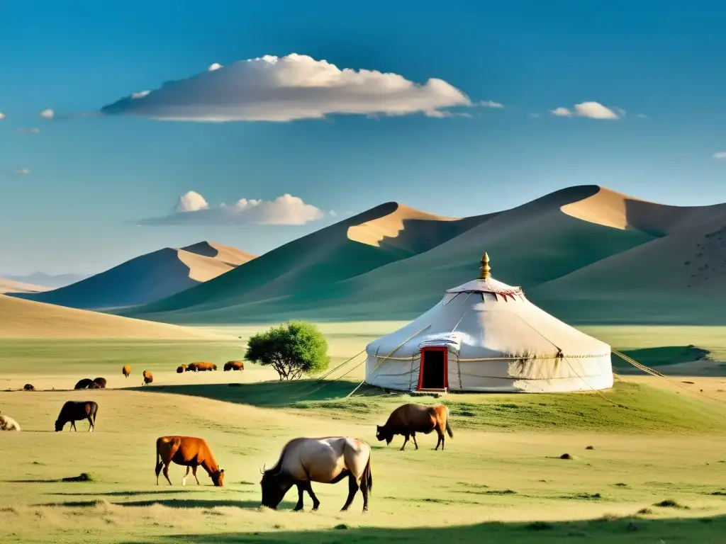 Una vista panorámica de la vasta estepa mongol bajo un cielo azul claro