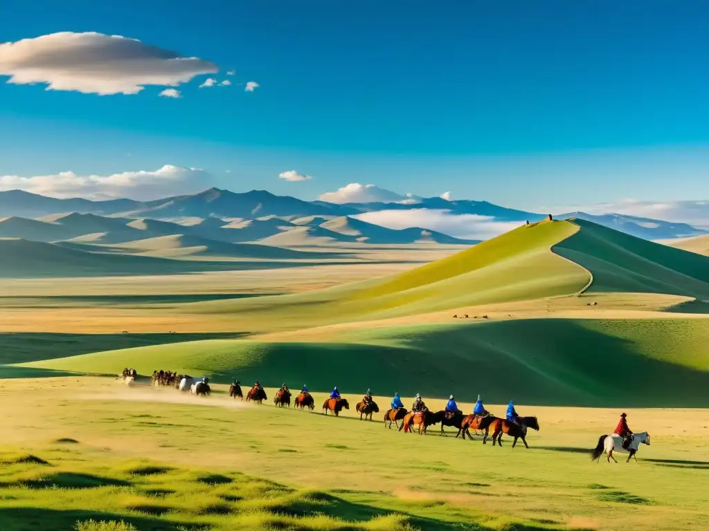 Una vista panorámica de la vasta estepa mongol con colinas verdes, tradicionales gers y jinetes