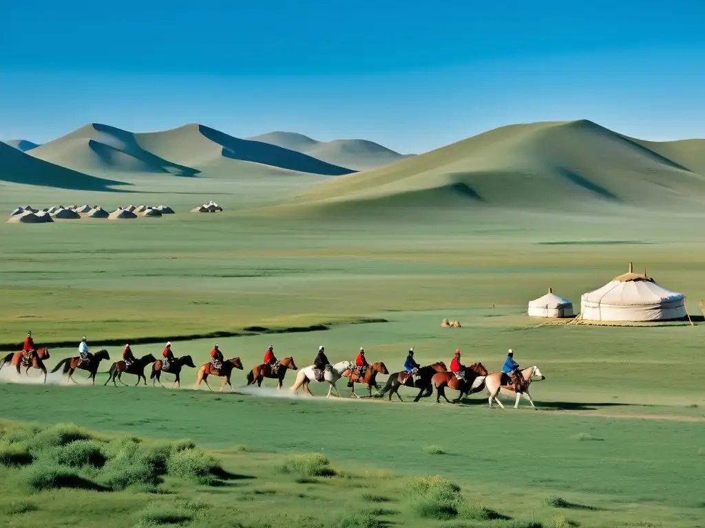 Vista panorámica de la vasta estepa mongol con jinetes yurtas, evocando el legado cultural y las lenguas de la estepa mongol