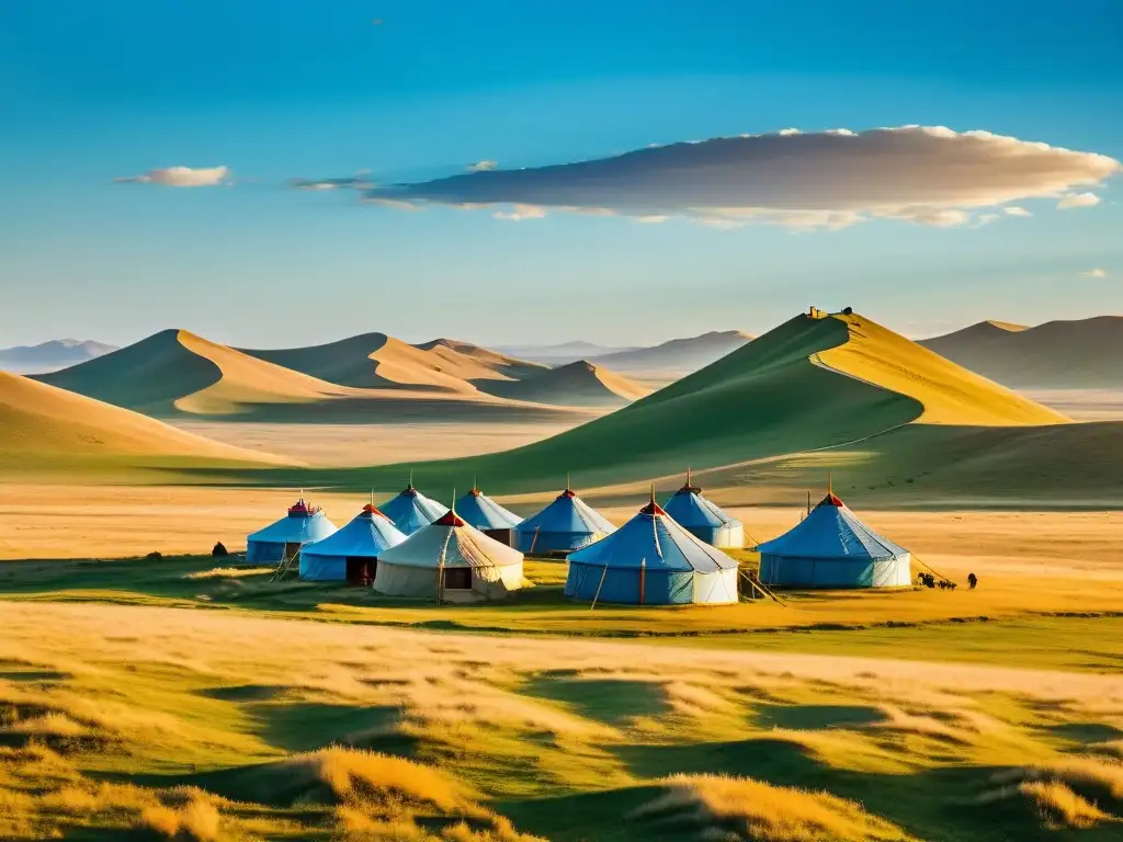 Vista panorámica de la vasta estepa mongol con yurtas y ganado bajo el cielo azul brillante, capturando la belleza del origen lenguas estepa mongol