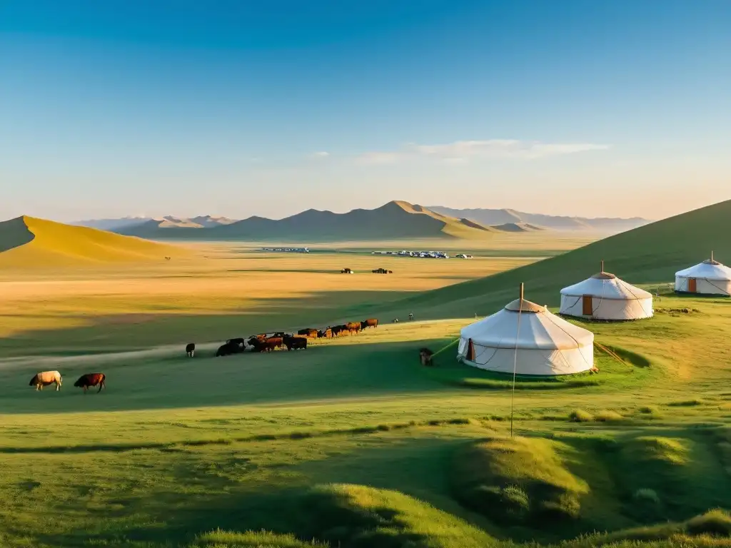 Una vista panorámica de la vasta estepa mongol, con un campamento nómada yurt entre el paisaje sereno