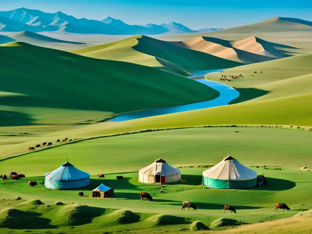 Vista panorámica de la vasta estepa de Mongolia, con yurtas nómadas y ganado pastando