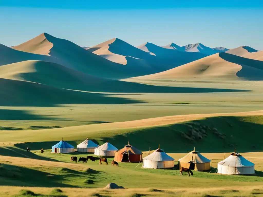Tranquilidad en la estepa de Mongolia: Yurtas, caballos y paisajes Vista panorámica de la vasta estepa mongola con yurtas tradicionales y caballos pastando