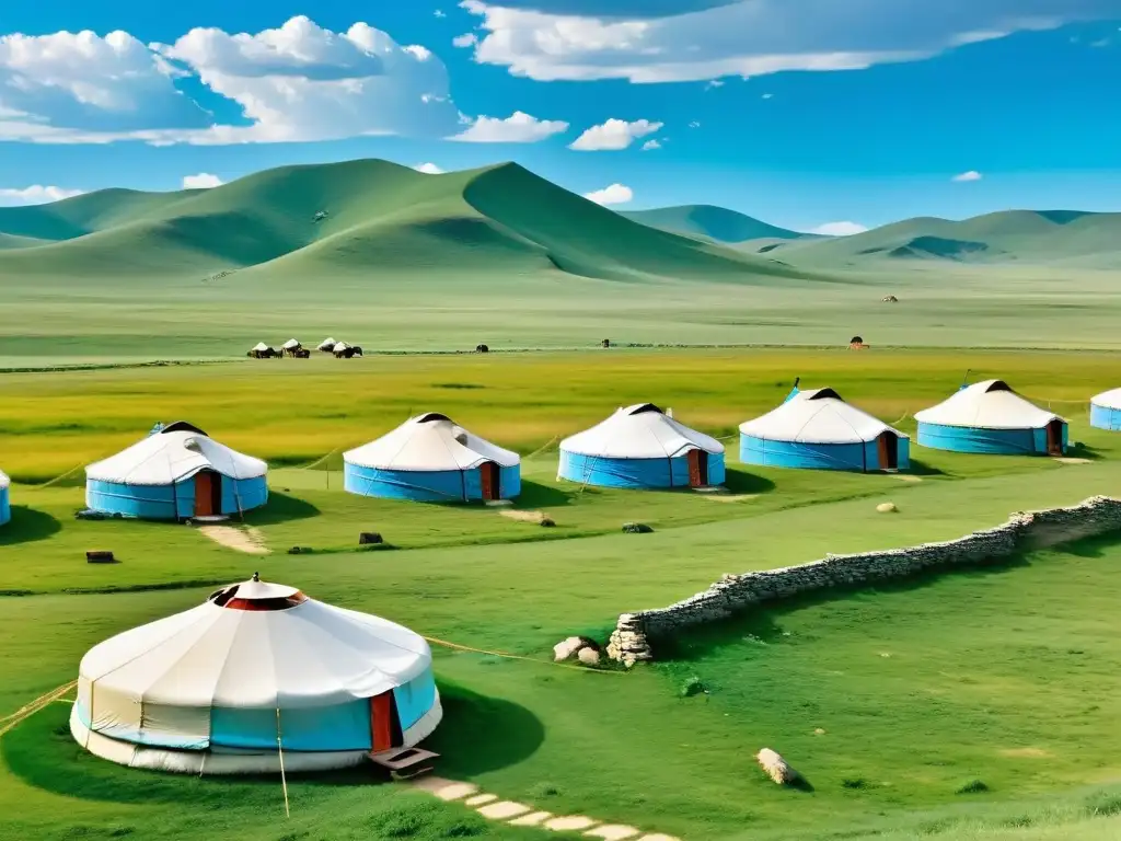 Vista panorámica de la vasta estepa mongola con yurtas nómadas y tesoros perdidos Mongolia antigua entre colinas y praderas verdes bajo un cielo azul