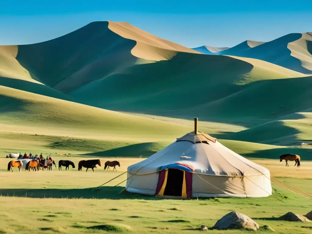 Vista panorámica de las vastas estepas mongolas, con campamento nómada y hermosos caballos