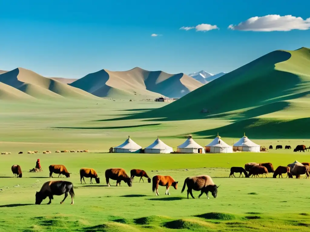 Vista panorámica de las vastas praderas de Mongolia con un pastor nómada cuidando de su ganado en un paisaje impresionante