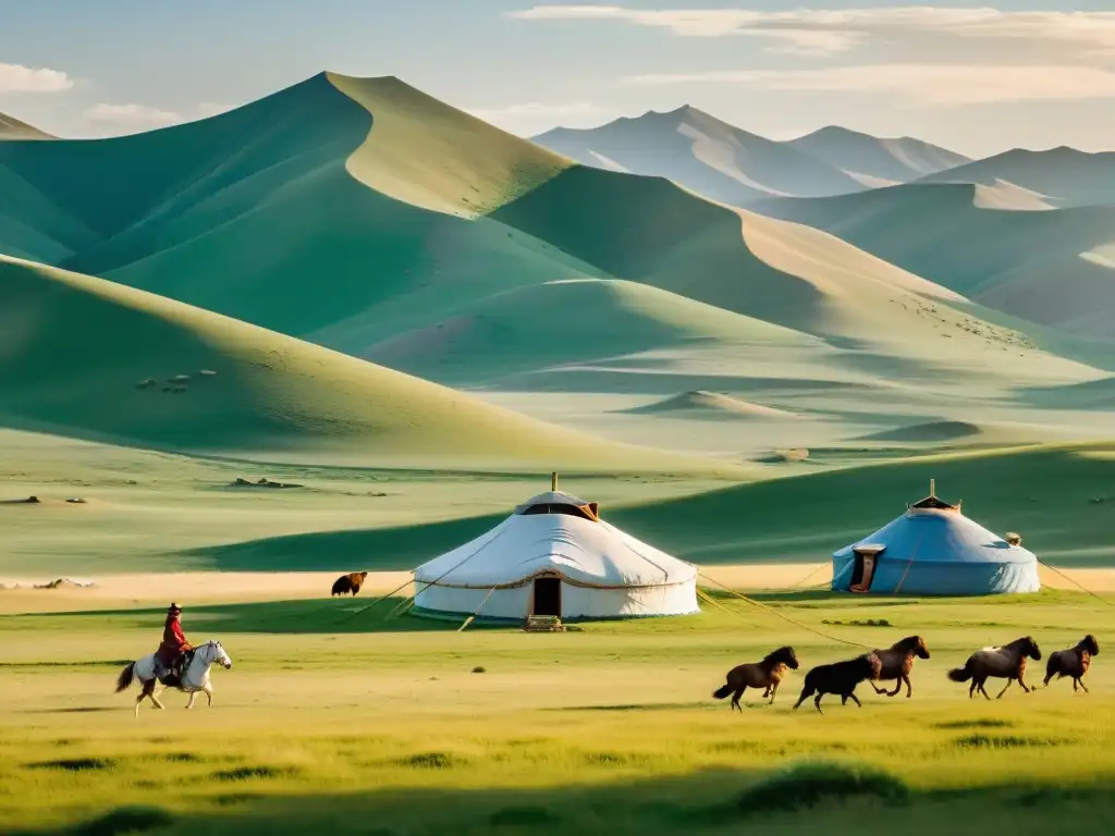 Una vista panorámica de las vastas praderas de Mongolia, donde una familia nómada guía su ganado por las colinas bajo un cielo despejado