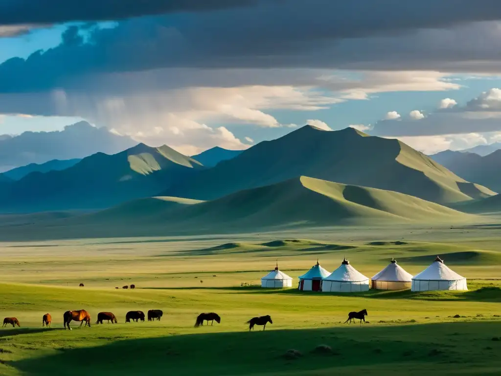 Vista panorámica del vasto declive militar del Imperio Mongol, con yurtas nómadas y caballos pastando bajo un cielo dramático y melancólico