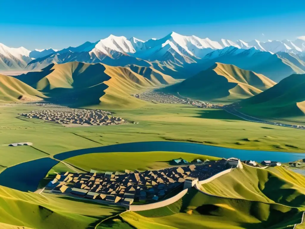 Vista panorámica del vasto Imperio Mongol, con paisajes dramáticos y escenas de la vida nómada