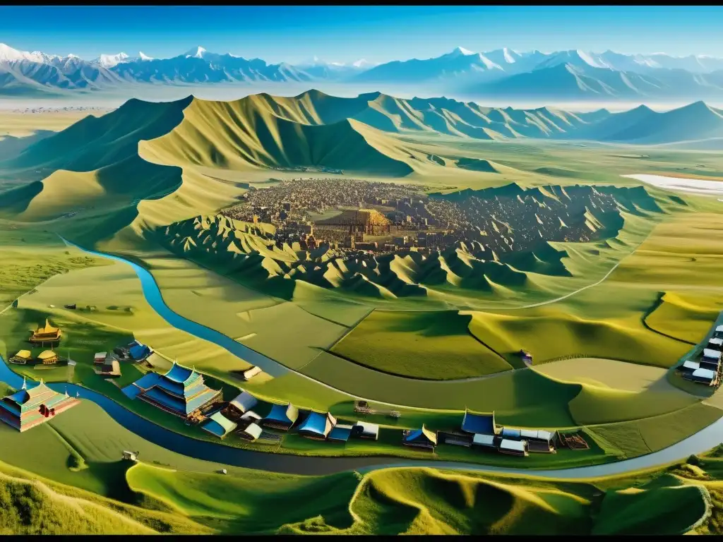 Vista panorámica del vasto Imperio Mongol, mostrando paisajes, culturas y la adaptación de civilizaciones al dominio mongol