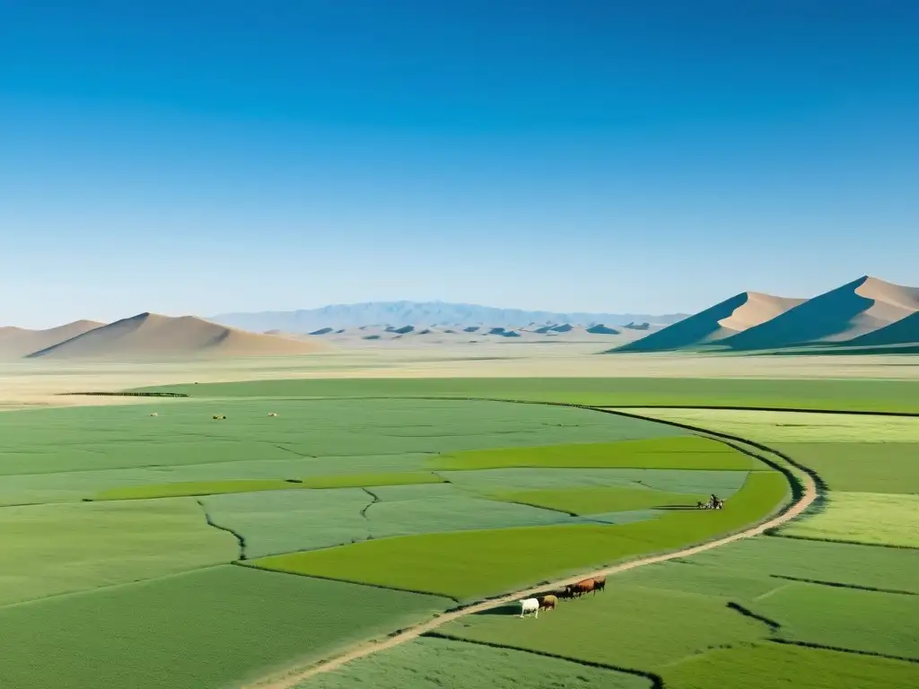 Vista panorámica de la verde agricultura y legado del Imperio Mongol en la estepa