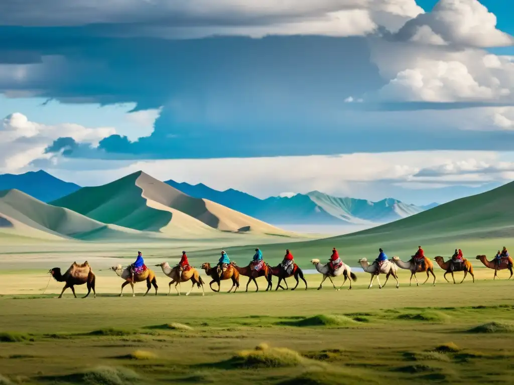 Vista panorámica de las vías comerciales secretas mongoles, con caravana de mercantes y camellos en la estepa, evocando la historia y la aventura