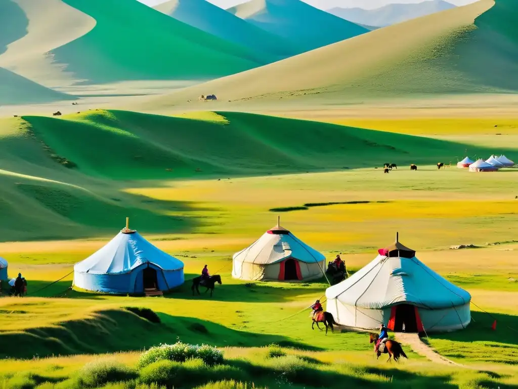 Vista panorámica de la estepa mongola con yurtas, jinetes yaks, creando una atmósfera serena y atemporal