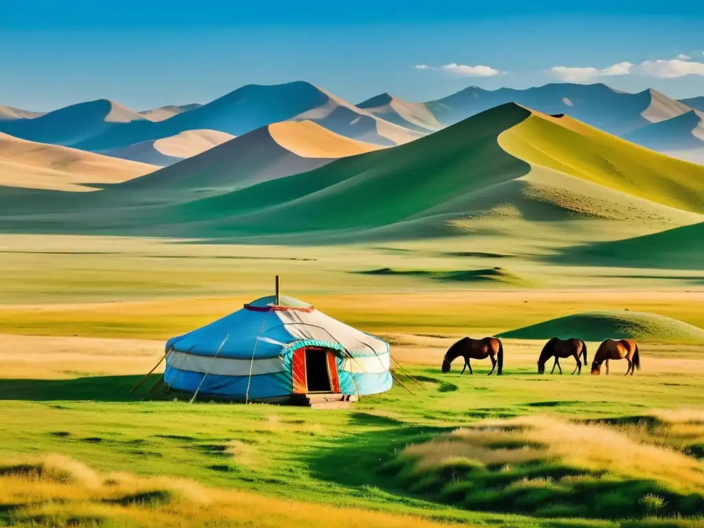 Vista panorámica de la estepa mongol, con una yurta tradicional y una familia nómada rodeada de la belleza natural