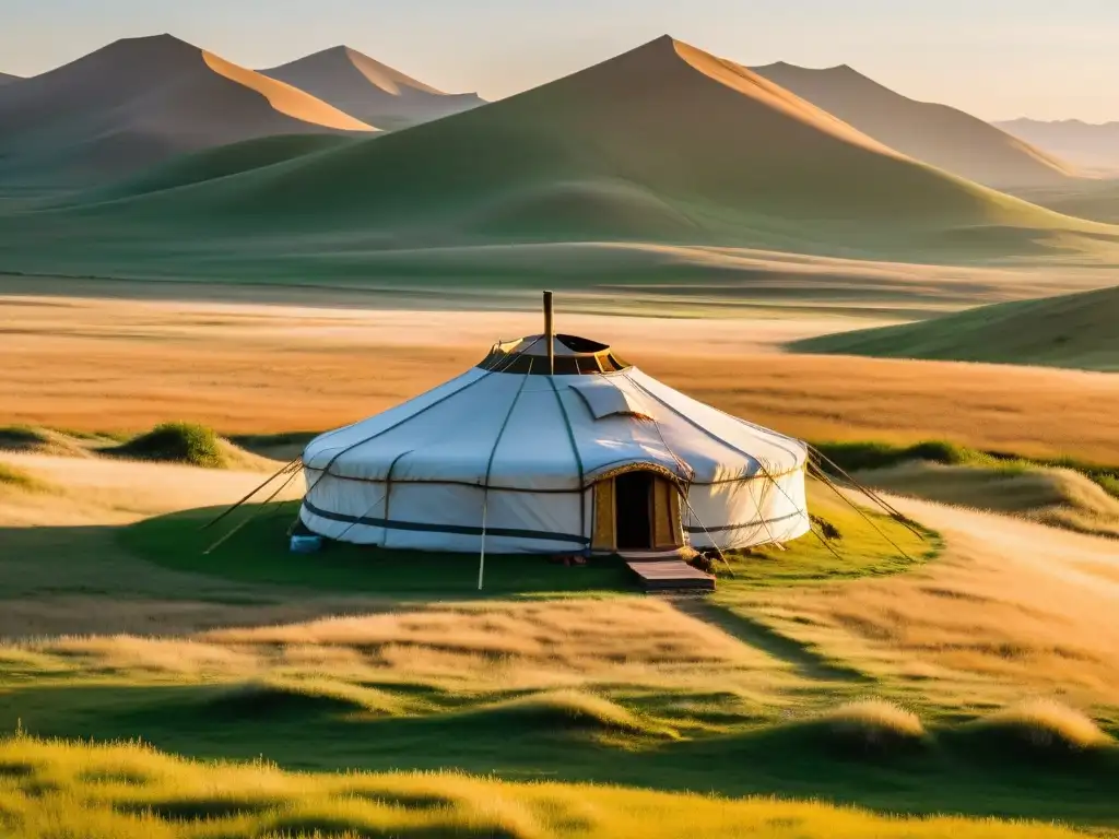 Vista panorámica de la estepa mongola con una yurta tradicional, ingeniería nómada y yurtas mongolas