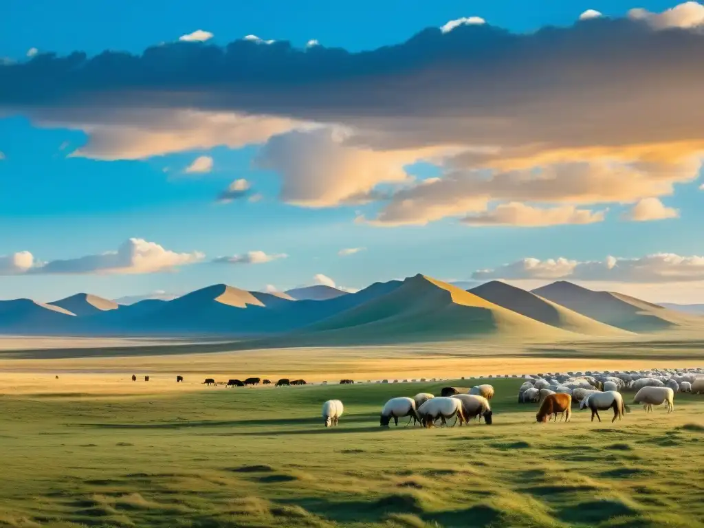 Vista panorámica de la estepa mongola con yurtas nómadas, rebaños y montañas, evocando el legado del Imperio Mongol Genghis Khan descendientes