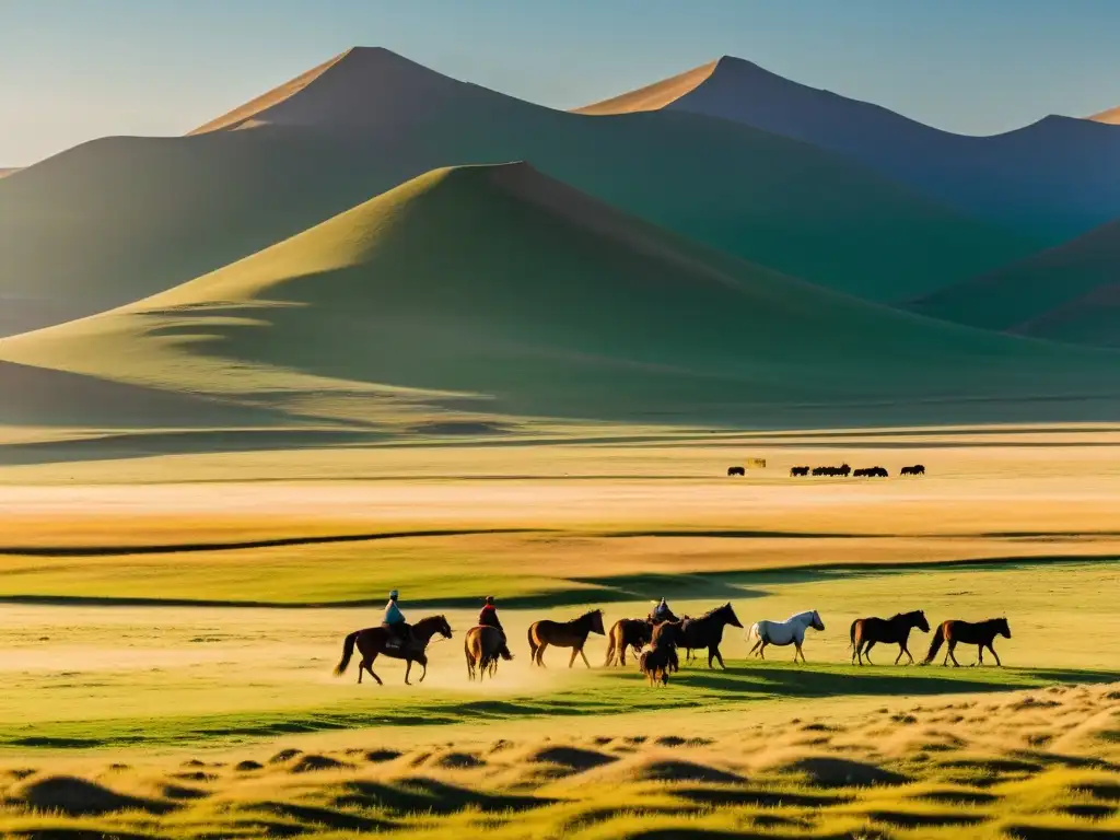 Vista panorámica de la estepa mongol con yurtas, pastoreo y prácticas agrícolas del Imperio Mongol bajo la cálida luz dorada