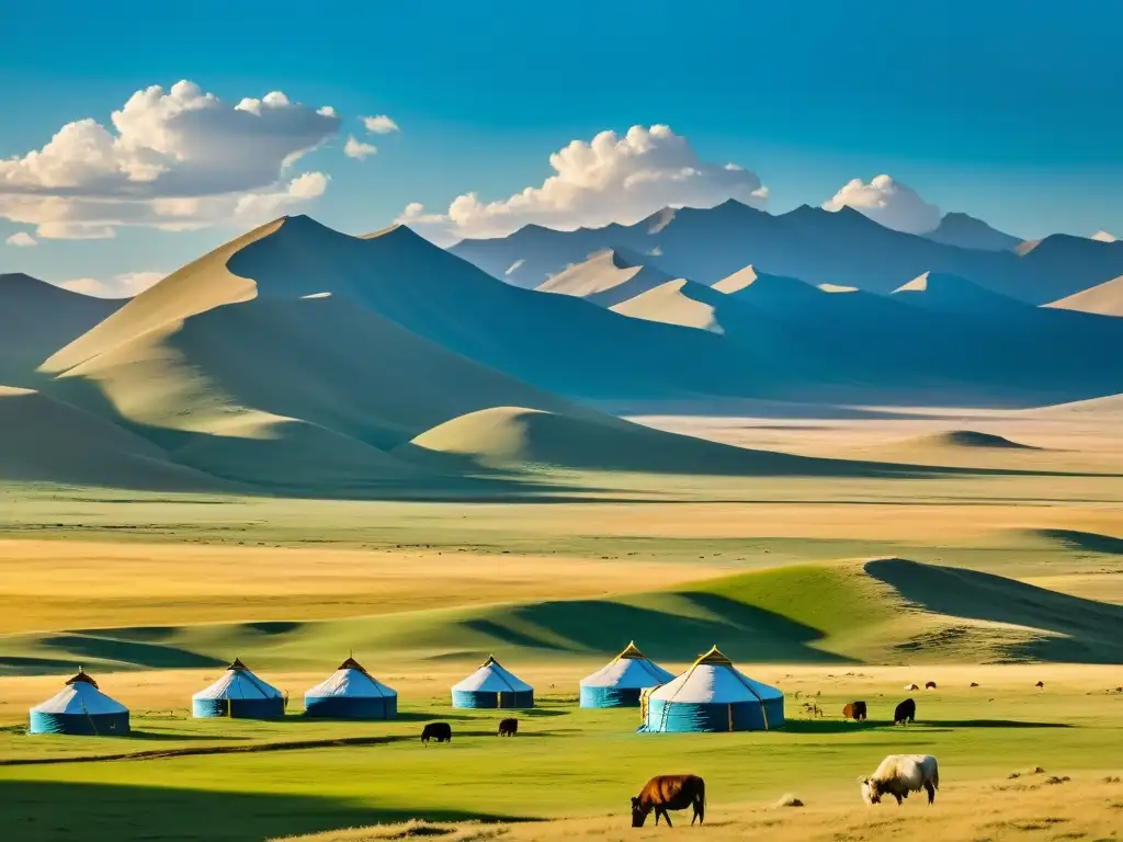 Vista panorámica de la estepa mongol con yurtas, pastoreo de ganado y montañas al fondo