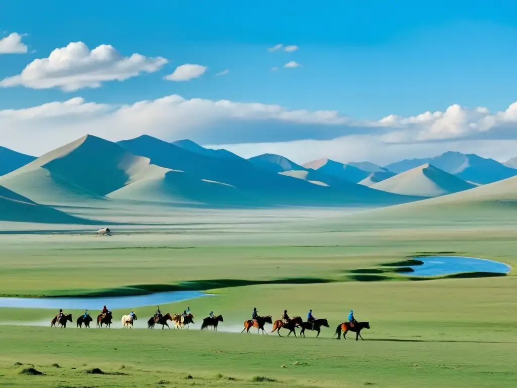 Vista panorámica de la estepa mongol con yurtas, pastores y estrategias militares imperio mongol en un paisaje vasto y libre