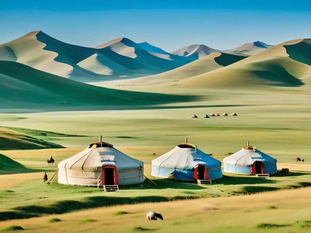 Espléndida vista de la estepa mongol Vista panorámica de la estepa mongol con yurtas tradicionales y una vasta extensión de praderas