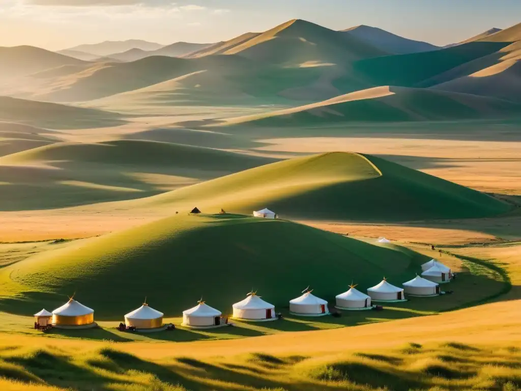 Vista panorámica de la estepa mongol con yurtas tradicionales y familia nómada