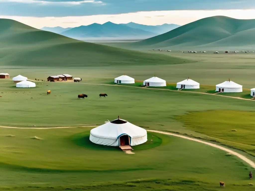 Vista panorámica de la estepa mongol con yurtas tradicionales, reflejo de intercambios culturales Ruta de la Seda