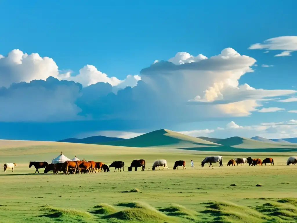 Vista de la estepa mongol con yurtas, pastoreo de caballos y ovejas, y gente practicando técnicas agrícolas