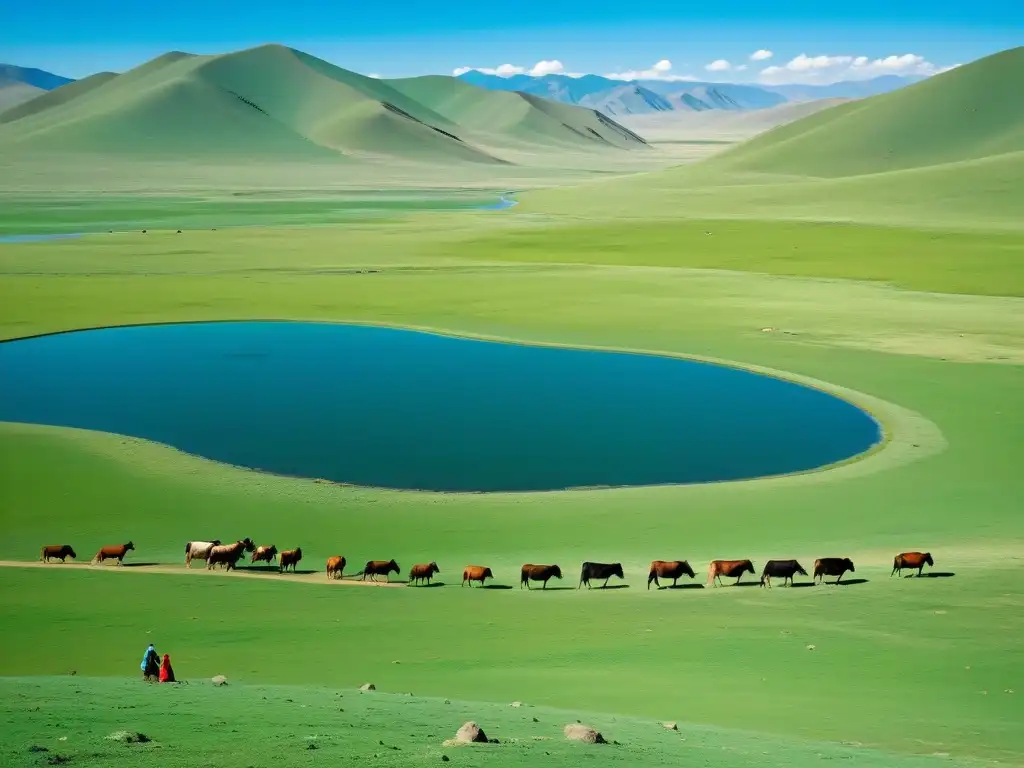 Vista serena de las estepas mongolas con vida nómada, río cristalino y paisaje verde