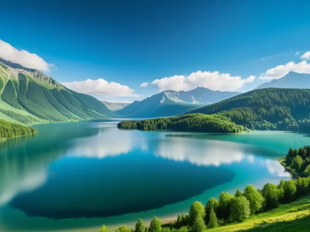 Vista serena del Lago Khövsgöl con montañas y bosques reflejados en sus aguas cristalinas