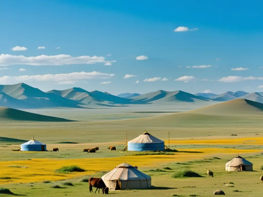 Vista de la vasta estepa mongol con campamento yurta nómada, transmitiendo armonía con la naturaleza