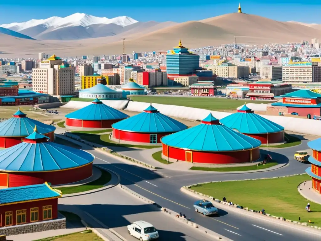 Vista vibrante de la ciudad mongola, fusionando tradición y modernidad en arquitectura y urbanismo