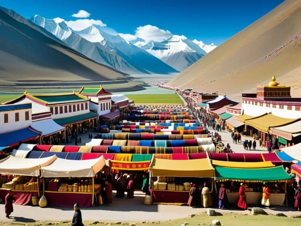 Vista vibrante del mercado tibetano actual, reflejando las relaciones comerciales mongol-tibetanas en la Ruta de la Seda