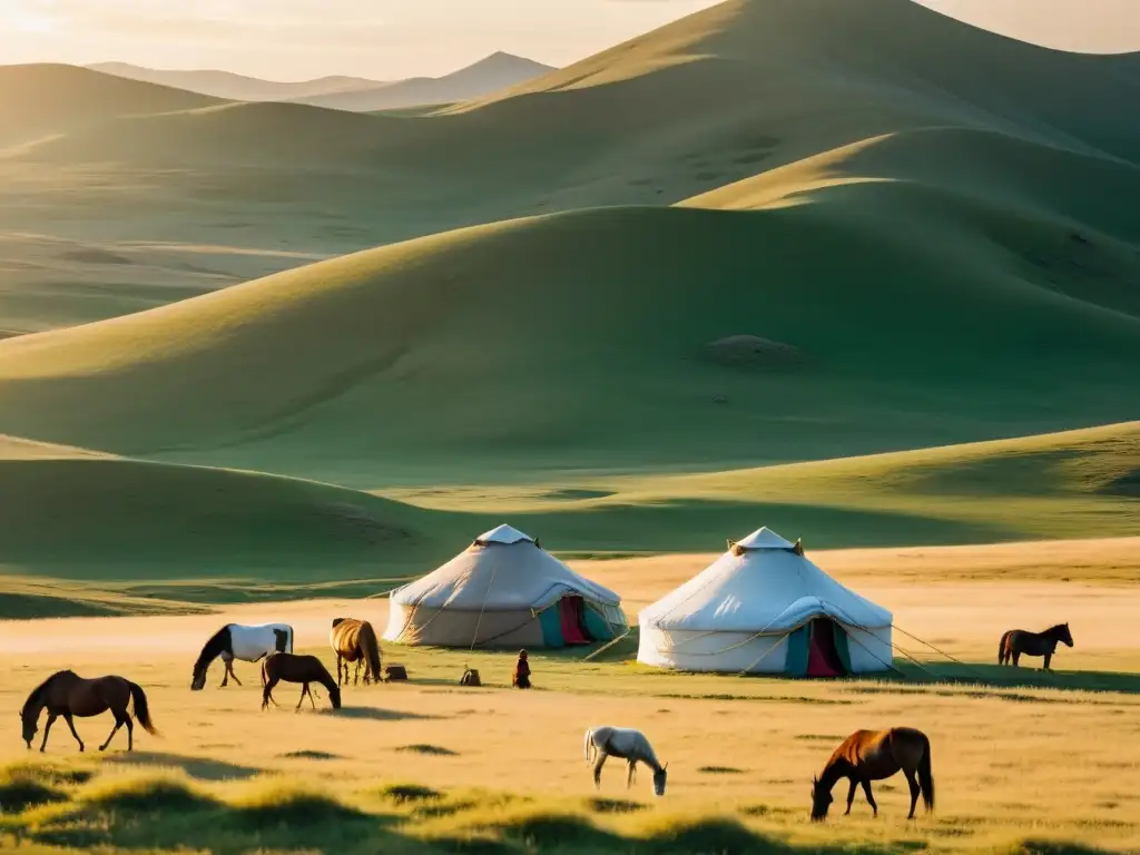 Vista de la vida nómada en las estepas con yurtas, caballos y un atardecer dorado