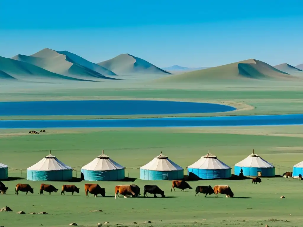 Vista de la estepa mongola con yurtas tradicionales, pastores y agricultores, mostrando el legado tecnológico del Imperio Mongol