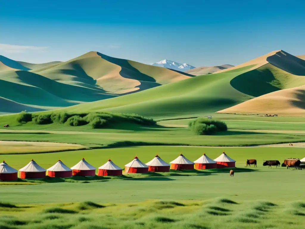 Vistas panorámicas de colinas verdes con yurtas mongolas, agricultura sostenible y rebaños pastando bajo cielo azul