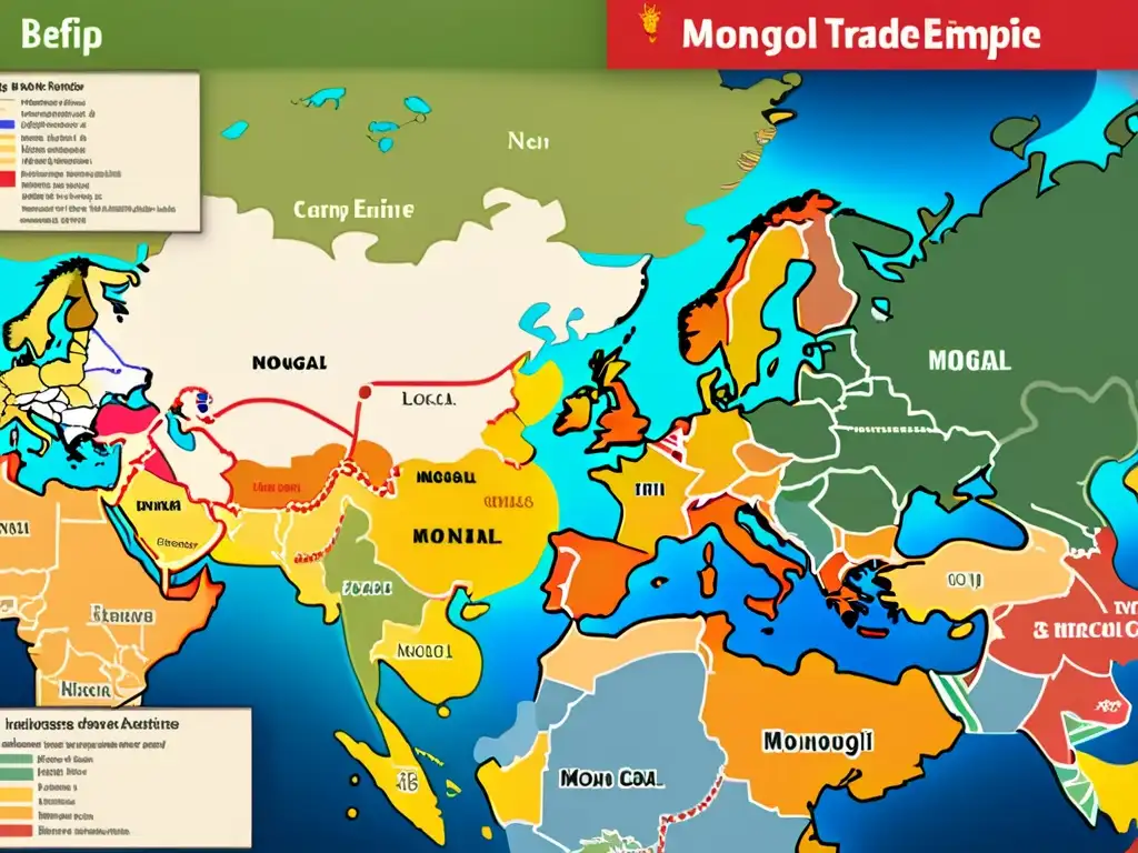 Comparación visual de la economía y la moneda en las regiones antes y después del Imperio Mongol, ilustrando su impacto histórico