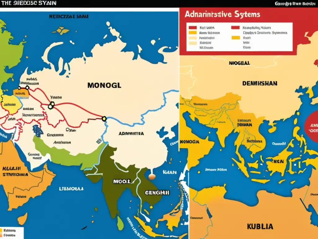 Comparación visual de sistemas administrativos en el Imperio Mongol por Genghis y Kublai Khan