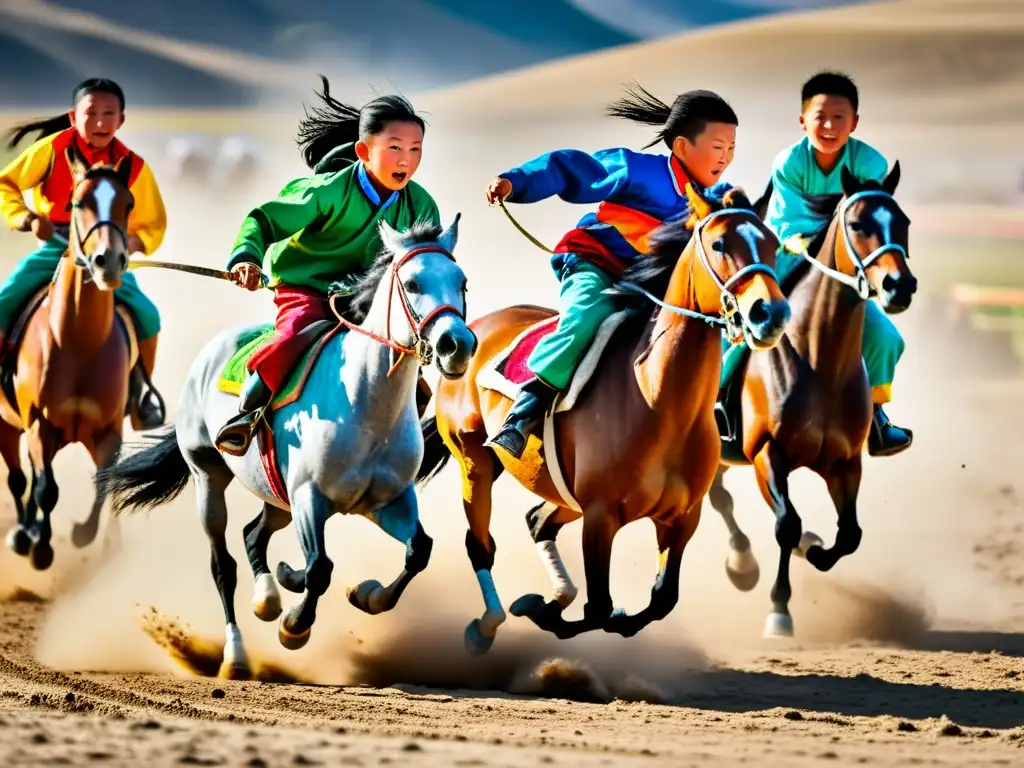 Vívida imagen de niños nómadas mongolos compitiendo en juegos tradicionales de carreras de caballos, reflejando la animada cultura nómada mongola