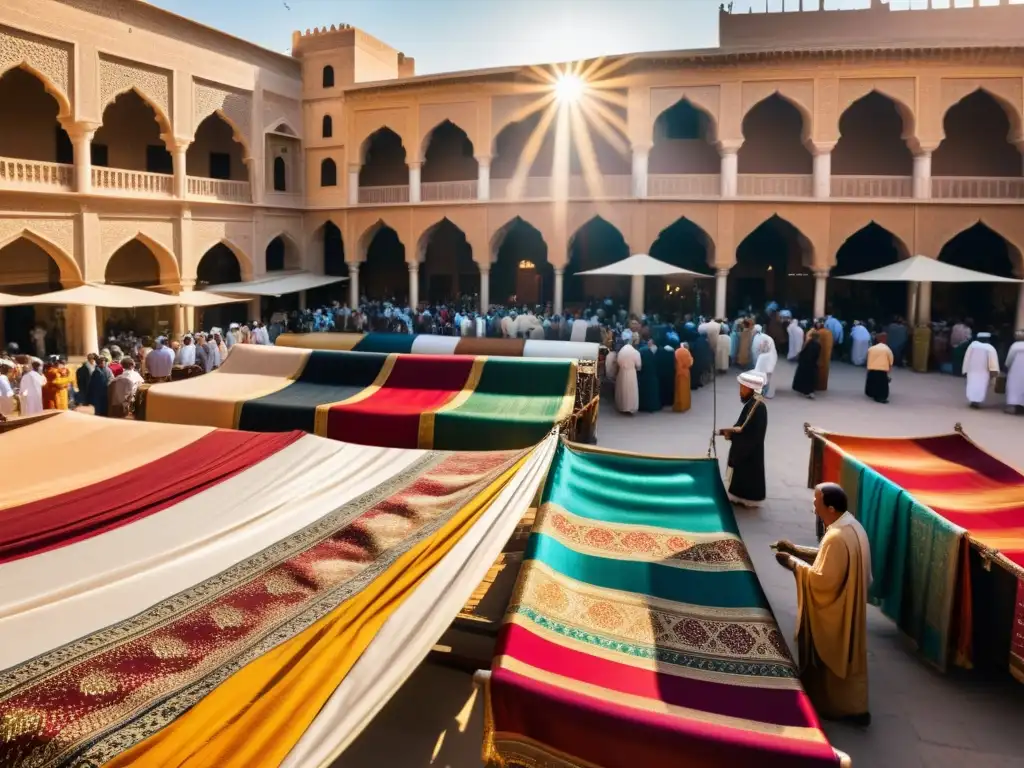 Vívido mercado de seda en Medio Oriente, con mercaderes de diversas culturas regateando entre brillantes telas